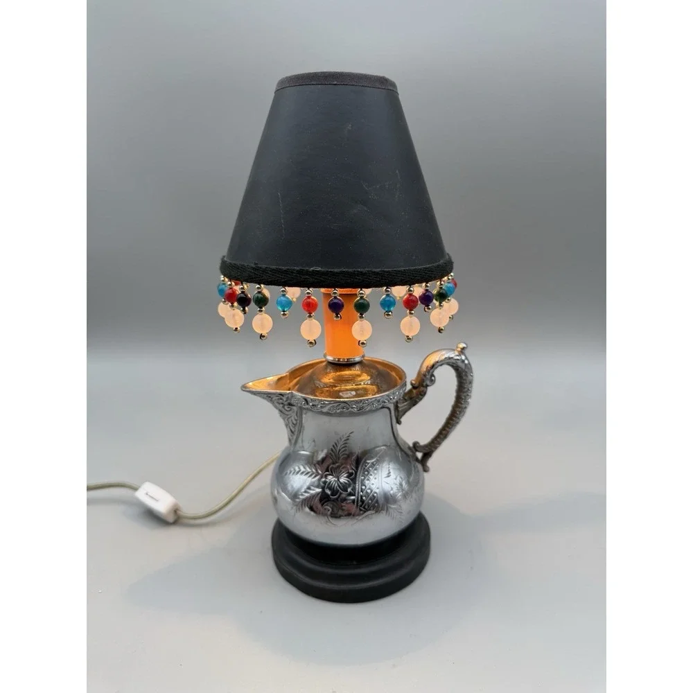 Vintage Teapot Lamp Silverplate Beaded Shade Boho Cottage Light Decor *